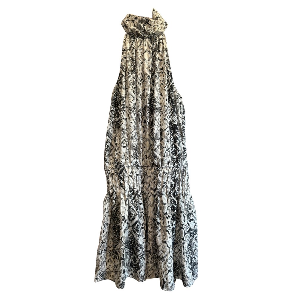 DO+BE Snakeskin Halter Dress Womens Small Black White Excellent Drop Waist Tier